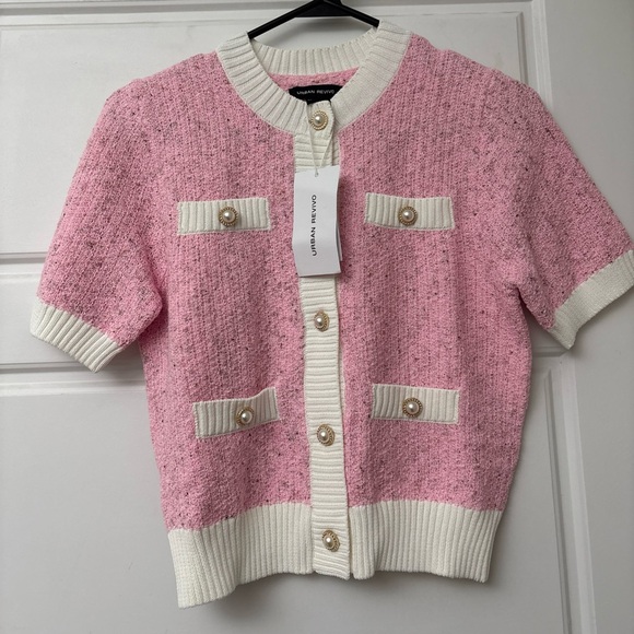Urban Revivo Sweaters - Urban Revivo Button Down Cardigan Pink Sweater Pearl Gold US Women’s Sz 4 NEW
